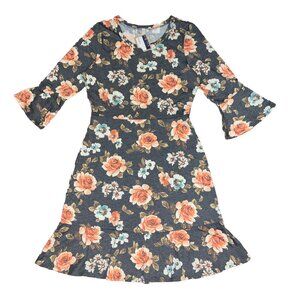 Gilli Gray Floral Cotton Flared Sleeve Scoop‎ Neck Size L Fit & Flare Dress